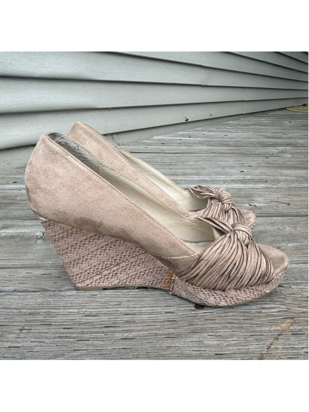Soda Tan Peep Toe Wedge Shoes Textured Heel
